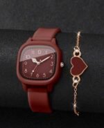 ⁦جموعة ساعتين للنساء من السيليكون بعقارب مربعة وساعة يد كوارتز أنيقة + سوار على شكل قلب، بدون علبة ساعة⁩ - الصورة ⁦2⁩